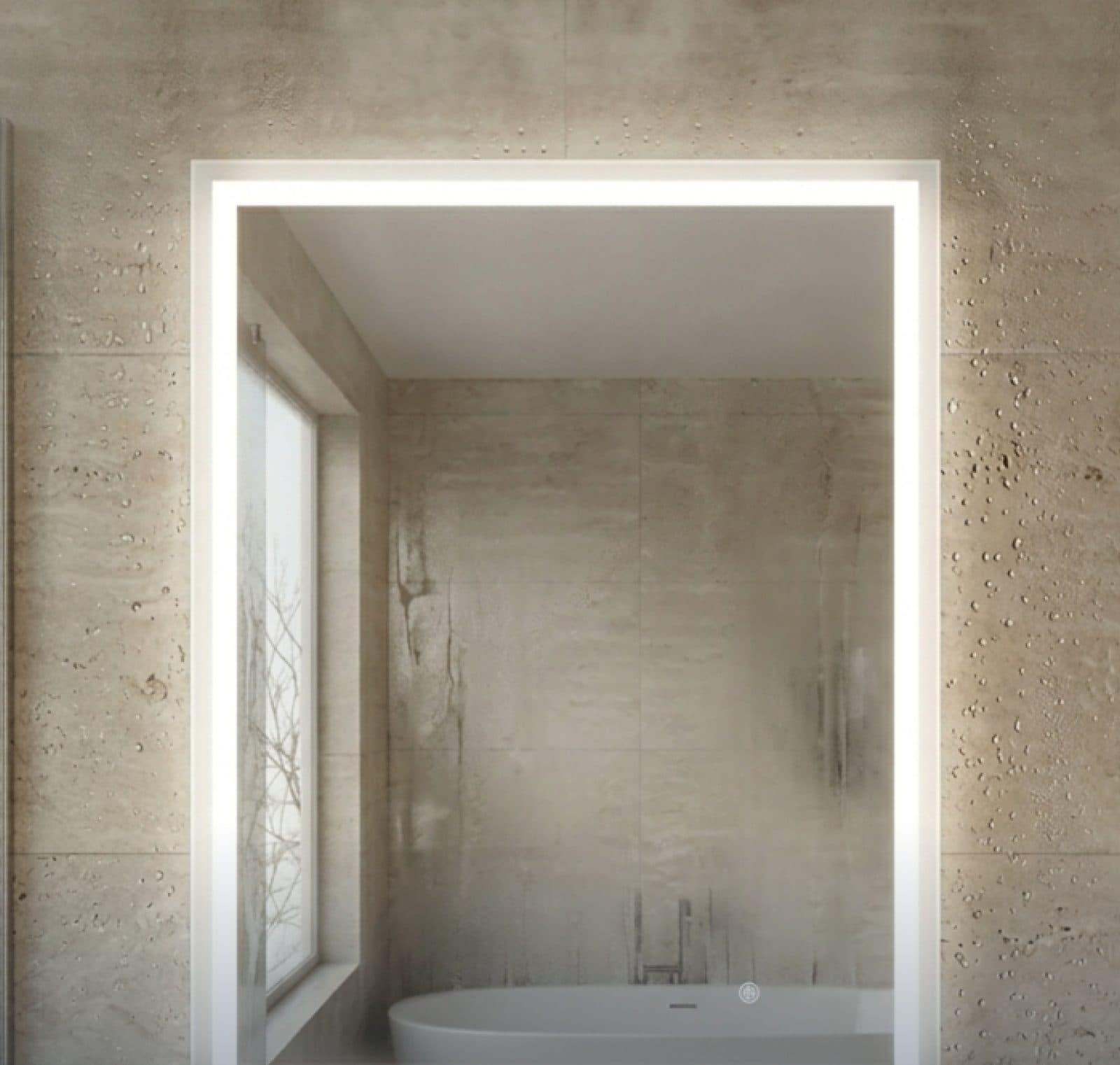 A Framed Splendor LED mirror in a travertine bathroom