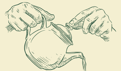 Line illustration of hands pouring tea from a teapot