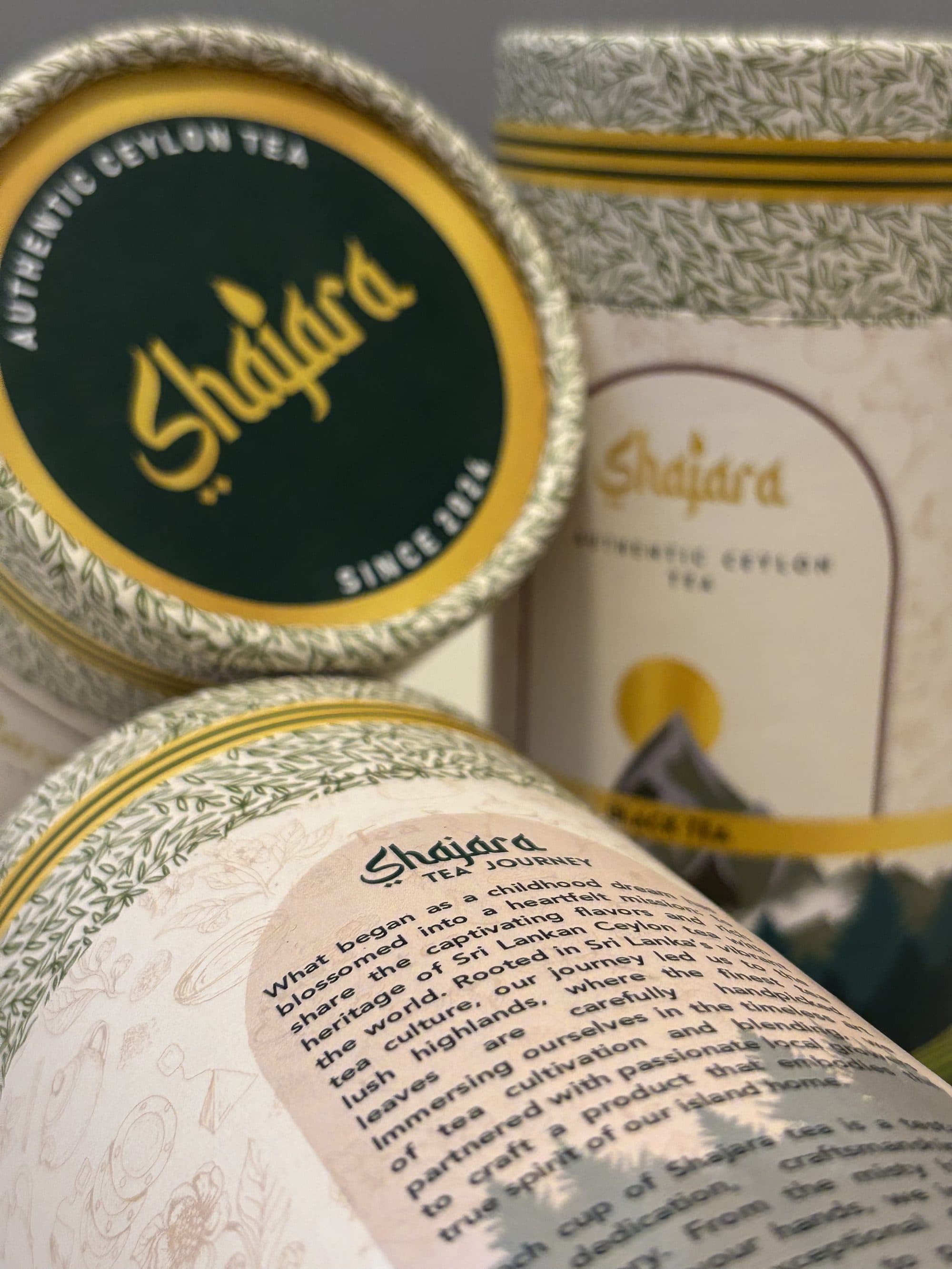 Shajara canisters with the tea journey printed on the label