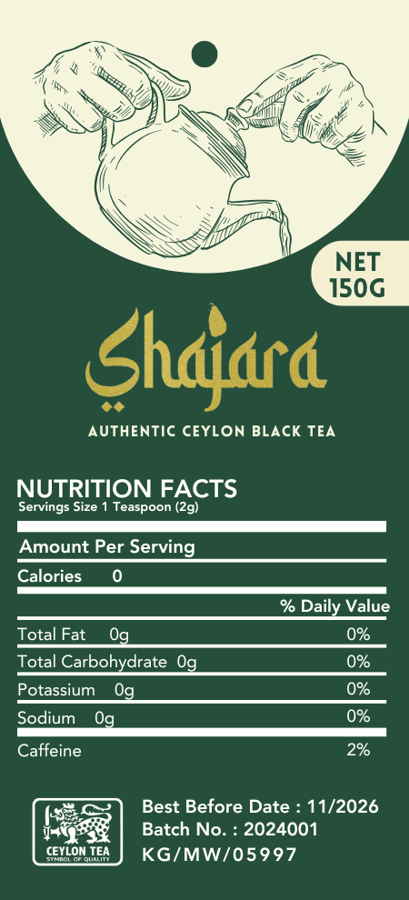 Shajara hang tag, back: wordmark and nutrition facts