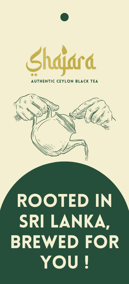 Shajara hang tag, front: Rooted in Sri Lanka, brewed for you!
