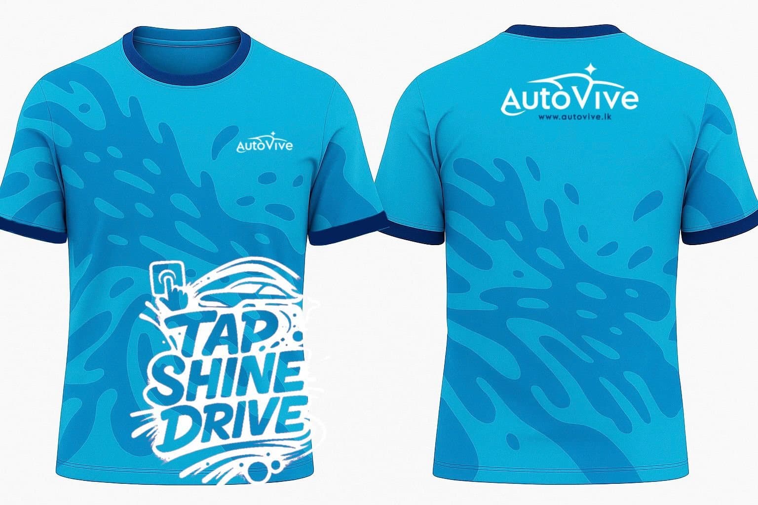 AutoVive brand jersey — “Tap. Shine. Drive.” as a splash of water.