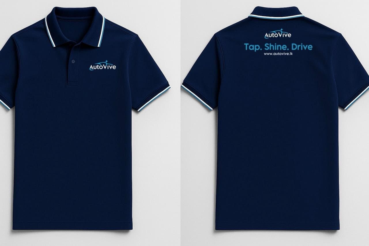 AutoVive team polo — Navy, cyan-tipped collar — wordmark front, tagline back.