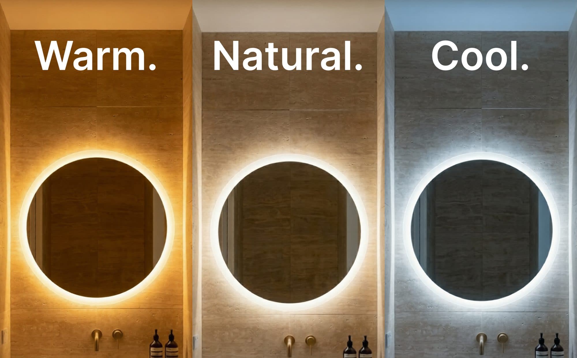 Three round mirrors side by side, lit warm, natural and cool
