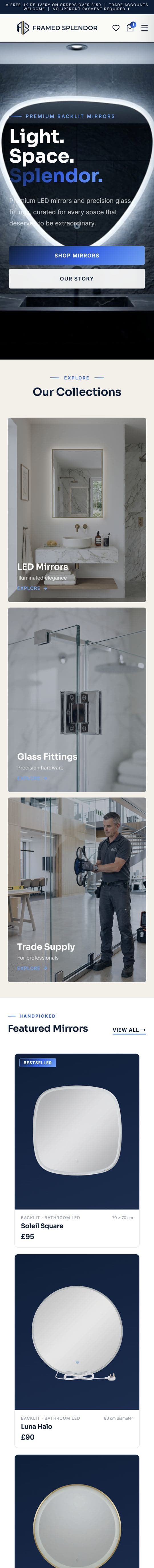 The Framed Splendor homepage on mobile