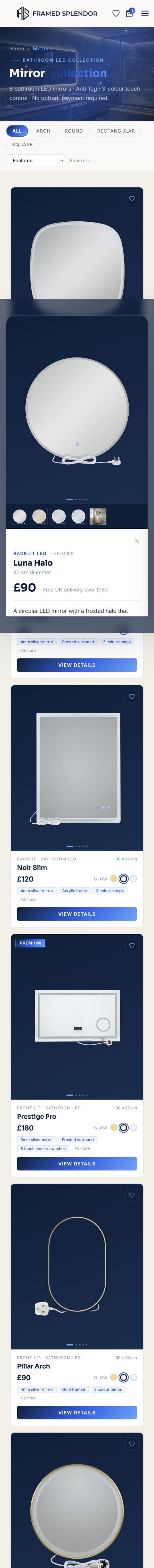 A Framed Splendor product page on mobile