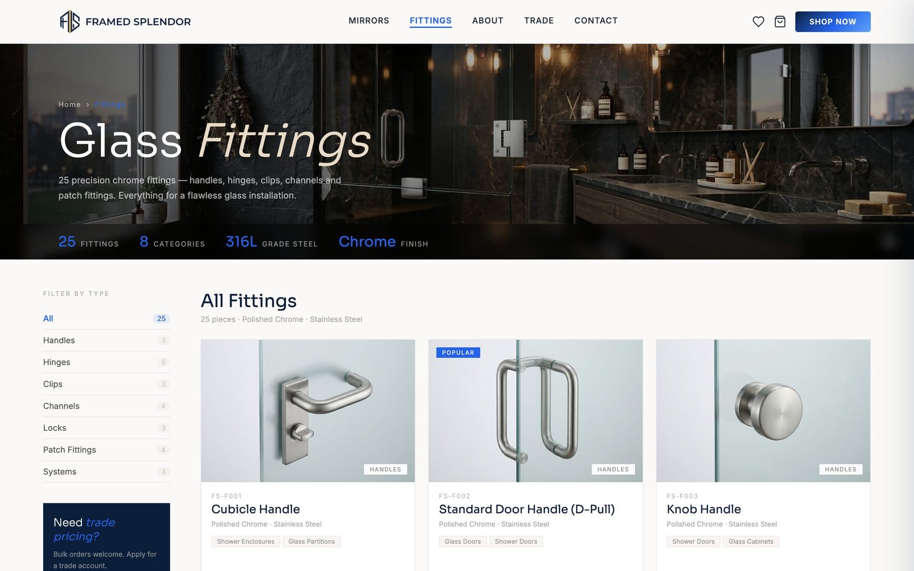 Framed Splendor website — Glass fittings